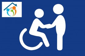 Grafika przedstawia logo Gminnego Ośrodka Pomocy Społecznej w Kętach oraz symbolicznie osobę niepełnosprawną wspieraną przez osobę pełnosprawną